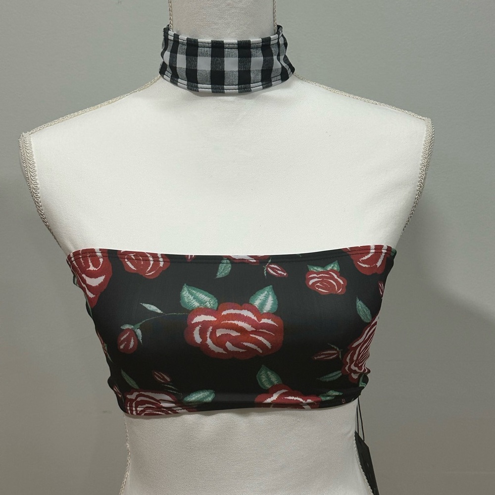Jaded London Black Roses Bikini Top With Chocker Neck UK Sz 8